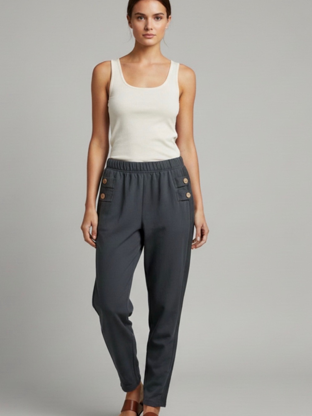 Made in Italy 100% cotton Women's Dark Gray Elastic-Waist Tapered Pants
